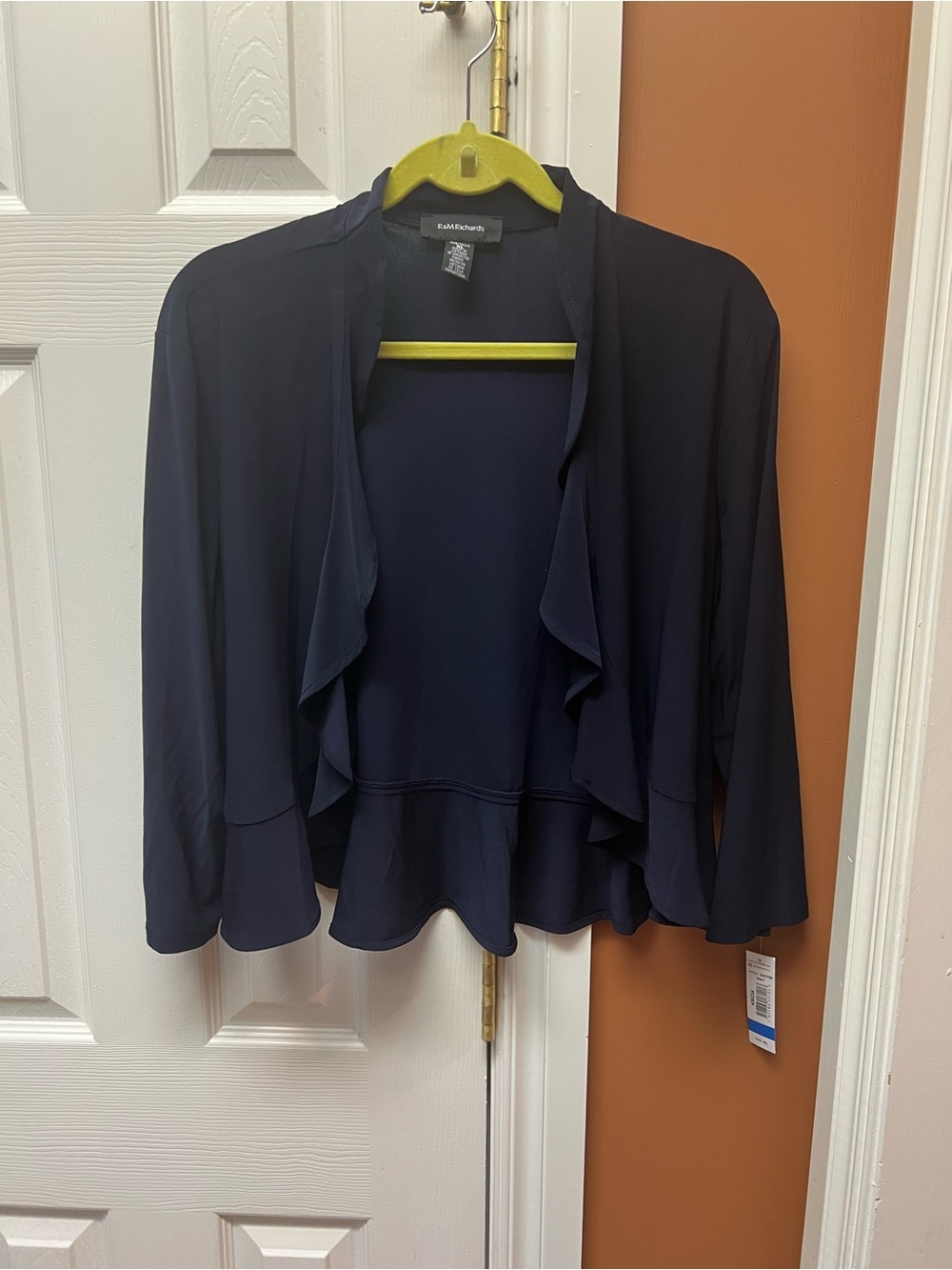 R&M Richards Navy Ruffle-Front Open Cardigan